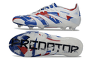 Chuteira Adidas Predator Elite FG - Branca e Azul com design inovador e tecnologia Controlskin para melhor desempenho.