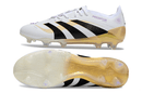Chuteira Adidas Predator Elite FG - Branca e Dourada, com design icônico e solado FG para aderência.