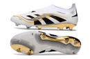 Chuteira Adidas Predator Elite FG - Branca e Dourada "Teamgeist" com design icônico e sola dourada.