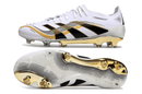 Chuteira Adidas Predator Elite FG - Branca e Dourada "Teamgeist" com sola dourada e design premium.