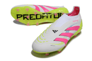 Chuteira Adidas Predator Elite FG - Branca, Rosa e Amarela com design vibrante e moderno.
