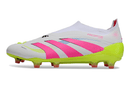 Chuteira Adidas Predator Elite FG - Branca, Rosa e Amarela com design moderno e vibrante, ideal para campos naturais.