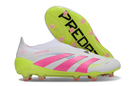Chuteira Adidas Predator Elite FG - Branca, Rosa e Amarela com design tricolor vibrante e solado FG.