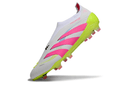 Chuteira Adidas Predator Elite FG - Branca, Rosa e Amarela com design moderno e vibrante para futebol.