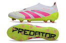 Chuteira Adidas Predator Elite FG - Branca, Rosa e Amarela com design tricolor vibrante e sola destacada.