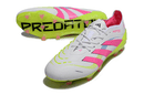 Chuteira Adidas Predator Elite FG - Branca, Rosa e Amarela com design vibrante e solado para gramados.