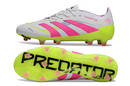 Chuteira Adidas Predator Elite FG - Branca, Rosa e Amarela, detalhes do design e sola em destaque.