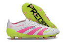 Chuteira Adidas Predator Elite FG - Branca, Rosa e Amarela com solado vibrante.