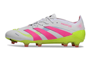 Chuteira Adidas Predator Elite FG - Branca, Rosa e Amarela lado esquerdo com design vibrante e arrojado.
