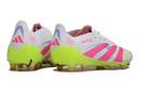 Chuteira Adidas Predator Elite FG - Branca, Rosa e Amarela vistas traseiras com detalhes coloridos e design moderno.