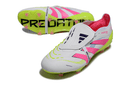 Chuteira Adidas Predator Elite FG Tongue Branca e Rosa com detalhes em rosa e verde, ideal para campo.