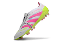 Chuteira Adidas Predator Elite FG Tongue Branca e Rosa com detalhes em rosa e solado amarelo