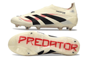 Chuteira Adidas Predator Elite FG Laceless Bege e Preta vista lateral e inferior com design inovador.