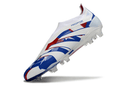 Chuteira Adidas Predator Elite FG LL - Azul, Branca e Vermelha com design vibrante e tecnologia avançada.