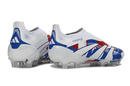 Chuteira Adidas Predator Elite FG LL - Azul, Branca e Vermelha com design vibrante e performance superior.