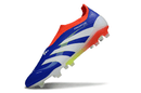 Chuteira Adidas Predator Elite FG LL - Azul, Vermelha e Amarela com design vibrante e ousado.