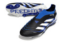 Chuteira Adidas Predator Elite FG - Preta e Azul com design moderno e tecnologia de ponta para desempenho em campo.