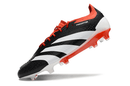 Chuteira Adidas Predator Elite FG - Preta, Branca e Laranja com design tricolor vibrante e tecnologia de ponta.