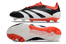 Chuteira Adidas Predator Elite FG - Preta, Branca e Laranja com design tricolor e tecnologia avançada.
