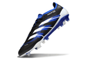 Chuteira Adidas Predator Elite FG - Preta e Azul, destacando a tecnologia e design para controle no campo.