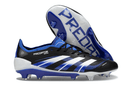 Chuteira Adidas Predator Elite FG - Preta e Azul com design icônico e tecnologia avançada em campo.