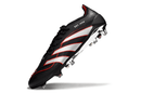 Chuteira Adidas Predator Elite FG - Preta em preto e vermelho, ideal para controle e precisão no futebol.