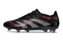 Chuteira Adidas Predator Elite FG - Preta e Vermelha em lateral, perfeita para controle e precisão no futebol.