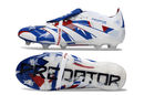 Chuteira Adidas Predator Elite FG Tongue Branca, Azul com design estiloso e tecnologia de ponta para desempenho em campo.