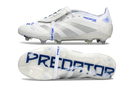 Chuteira Adidas Predator Elite FG Tongue Branca e Azul com design moderno e desempenho em campo.