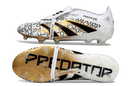 Chuteira Adidas Predator Elite FG Tongue Branca e Dourada com detalhes em preto e dourado.