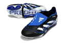 Chuteira Adidas Predator Elite FG Tongue Preta e Azul com design arrojado e tecnologia de ponta para desempenho em campo.