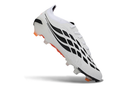 Chuteira Adidas Predator Elite FG 26 - Branca, Preta e Vermelha em posição lateral, destacando seu design e tecnologia.