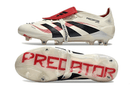 Chuteira Adidas Predator Elite Fold-Over Tongue FG - Begê, Vermelha e Preta, design moderno e alto desempenho para futebol.