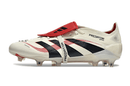 Chuteira Adidas Predator Elite Fold-Over Tongue FG - Begê, Vermelha e Preta em ângulo lateral com detalhes em vermelho e preto.