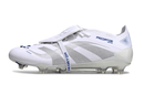 Chuteira Adidas Predator Elite Fold-Over Tongue FG - Branca, Azul e Prata com design elegante e moderno.