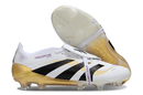 Chuteira Adidas Predator Elite Fold-Over Tongue FG - Branca, Dourada e Preta com detalhes em preto e dourado