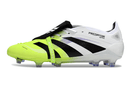 Chuteira Adidas Predator Elite Fold-Over Tongue FG - Branca, Preta e Verde com design moderno e cores vibrantes.