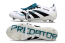 Chuteira Adidas Predator Elite Fold-Over Tongue FG - Branca, Verde e Preta em detalhe, vista lateral e inferior.