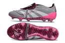 Chuteira Adidas Predator Elite Fold-Over Tongue FG - Cinza, Rosa e Branca com solado em rosa e design moderno.