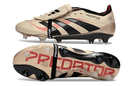 Chuteira Adidas Predator Elite Fold-Over Tongue FG - Dourada, Preta e Vermelha com design moderno e inovador.