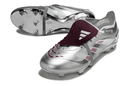 Chuteira Adidas Predator Elite Fold-Over Tongue FG - Prata com design prateado e detalhes em marrom.