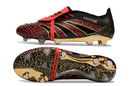 Chuteira Adidas Predator Elite Fold-Over Tongue FG - Preta, Dourada e Vermelha com design avançado e estilo impactante.