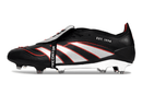 Chuteira Adidas Predator Elite Fold-Over Tongue FG - Preta, Prata e Vermelha com design esportivo.