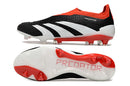 Chuteira Adidas Predator Elite Laceless FG - Preta, Branca e Vermelha com design inovador e sola de alta performance.