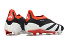 Chuteira Adidas Predator Elite Laceless FG - Preta, Branca e Vermelha vista traseira com detalhes em vermelho e branco.