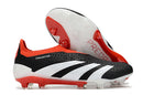 Chuteira Adidas Predator Elite Laceless FG - Preta, Branca e Vermelha em destaque com design moderno e sem cadarço.
