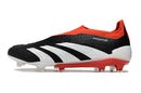 Chuteira Adidas Predator Elite Laceless FG - Preta, Branca e Vermelha em ângulo lateral.
