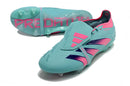 Chuteira Adidas Predator Elite Tongue FG - Azul e Rosa com design vibrante e tecnologia de ponta para desempenho.