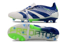 Chuteira Adidas Predator Elite Tongue FG - Branca e Azul lateral e solado com tecnologia de ponta para desempenho em campo.