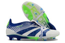 Chuteira Adidas Predator Elite Tongue FG - Branca e Azul em vista lateral com detalhes em verde e azul.